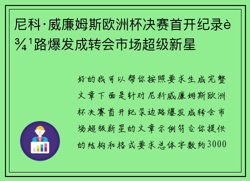 尼科·威廉姆斯欧洲杯决赛首开纪录边路爆发成转会市场超级新星